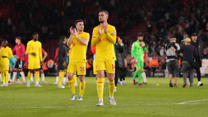 Liverpools Diogo Jota and Jordan Henderson celebrate after the Premier League match at St Marys Stadium, Southampton. Picture date: Tuesday May 17, 2022. (Photo by John Walton/PA Images via Getty Images)