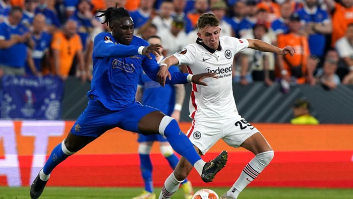 Rangers Calvin Bassey (left) and Eintracht Frankfurts Jesper Lindstrom (right) battle for the ball during the UEFA Europa League Final at the Estadio Ramon Sanchez-Pizjuan, Seville. Picture date: Wednesday May 18, 2022. (Photo by Andrew Milligan/PA Images via Getty Images)