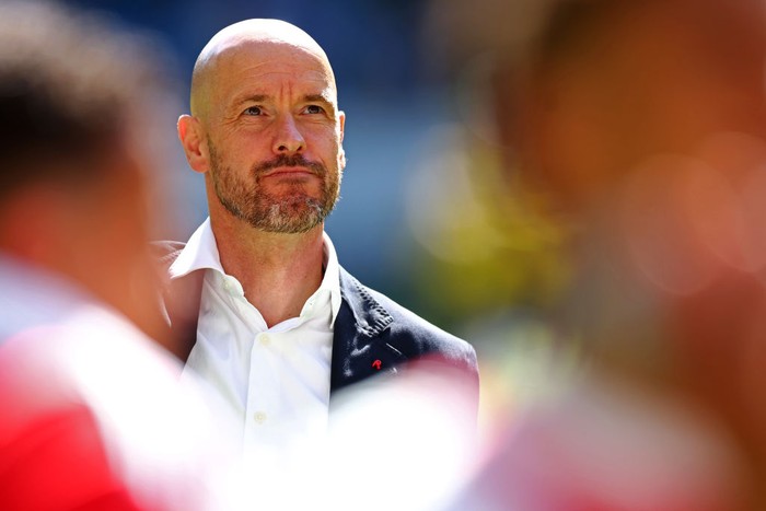 ARNHEM, NETHERLANDS - MAY 15:  AFC Ajax Head Coach / Manager, Erik ten Hag thanks the away fans after the Dutch Eredivisie match between Vitesse and Ajax Amsterdam held at Gelredome on May 15, 2022 in Arnhem, Netherlands. (Photo by Dean Mouhtaropoulos/Getty Images)
