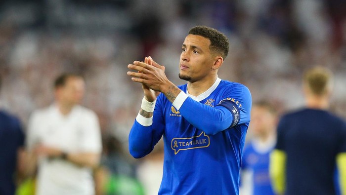 SEVILLE, SPAIN - MAY 18: James Tavernier of Rangers FC applauds the fans after the UEFA Europa League final match between Eintracht Frankfurt and Rangers FC at Estadio Ramon Sanchez Pizjuan on May 18, 2022 in Seville, Spain. (Photo by Craig Mercer/MB Media/Getty Images)
