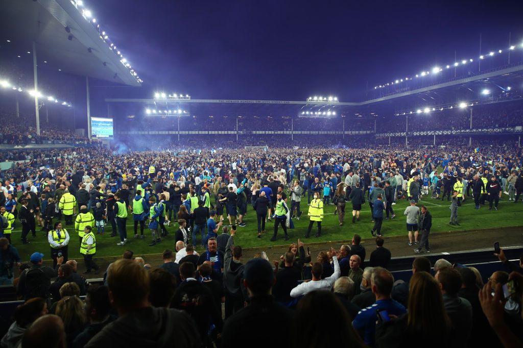 LIVERPOOL, ENGLAND - MAY 19: Everton fans celebrate at full-time following during the Premier League match between Everton and Crystal Palace at Goodison Park on May 19, 2022 in Liverpool, England. (Photo by Chris Brunskill/Fantasista/Getty Images)