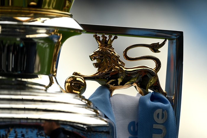 MANCHESTER, ENGLAND - APRIL 10: A detail view of the Premier League trophy during the Premier League match between Manchester City and Liverpool at Etihad Stadium on April 10, 2022 in Manchester, England. (Photo by Michael Regan/Getty Images)
