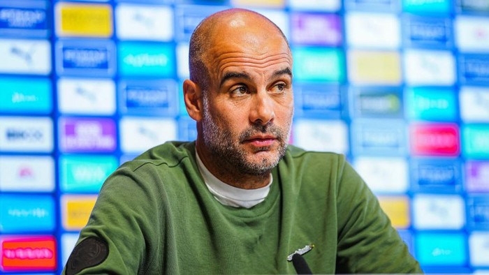 MANCHESTER, ENGLAND - MAY 20: Manchester Citys Pep Guardiola speaks to the press before the penultimate game of the season against Aston Villa at Manchester City Football Academy on May 20, 2022 in Manchester, England. (Photo by Tom Flathers/Manchester City FC via Getty Images)