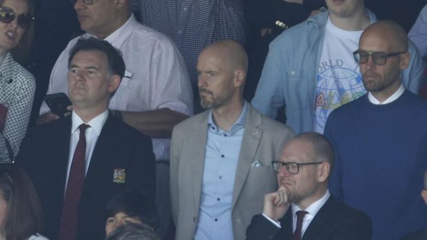 Erik ten Hag (centre), who will take over as Manchester United manager from Ralf Rangnick from next season, watches the game with Mitchell van der Gaag (right) during the Premier League match at Selhurst Park, London. Picture date: Sunday May 22, 2022. (Photo by Steven Paston/PA Images via Getty Images)