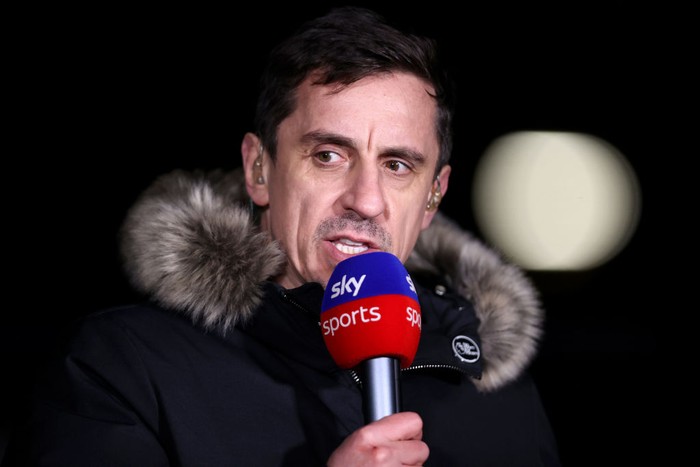 WOLVERHAMPTON, ENGLAND - MARCH 18: Gary Neville , Ex footballer and sky sports pundit and presenter looks on during the Premier League match between Wolverhampton Wanderers and Leeds United at Molineux on March 18, 2022 in Wolverhampton, England. (Photo by Naomi Baker/Getty Images)