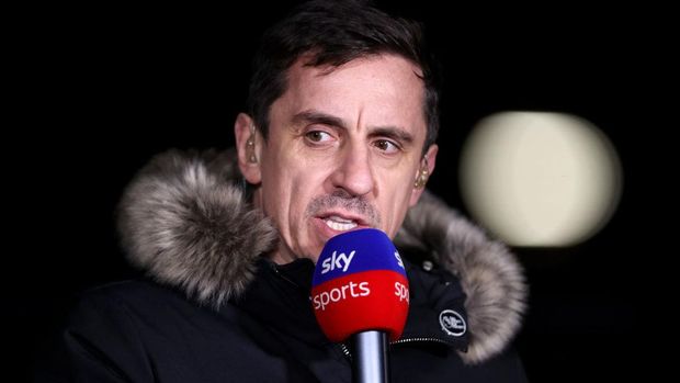 WOLVERHAMPTON, ENGLAND - MARCH 18: Gary Neville , Ex footballer and sky sports pundit and presenter looks on during the Premier League match between Wolverhampton Wanderers and Leeds United at Molineux on March 18, 2022 in Wolverhampton, England. (Photo by Naomi Baker/Getty Images)