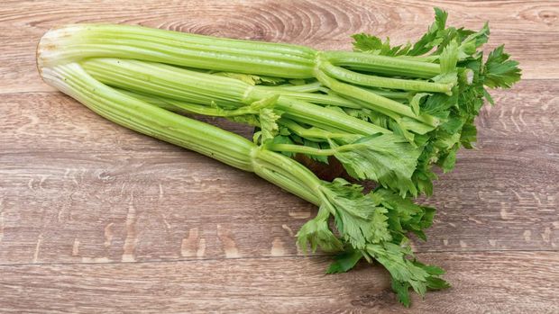 The green leaves of celery on a brown wooden background