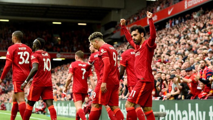 LIVERPOOL, ENGLAND - MAY 22: (THE SUN OUT, THE SUN ON SUNDAY OUT) Mohamed Salah of Liverpool celebrates after scoring the second goal making the score 2-1 during the Premier League match between Liverpool and Wolverhampton Wanderers at Anfield on May 22, 2022 in Liverpool, England. (Photo by Andrew Powell/Liverpool FC via Getty Images)
