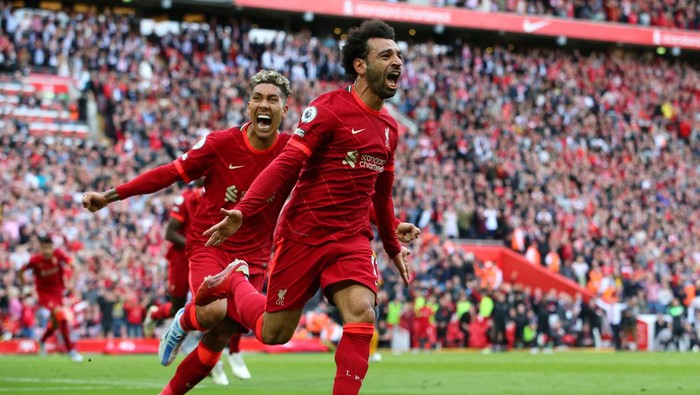 LIVERPOOL, ENGLAND - MAY 22:  Mohamed Salah of Liverpool celebrates after scoring their sides second goal during the Premier League match between Liverpool and Wolverhampton Wanderers at Anfield on May 22, 2022 in Liverpool, England. (Photo by Alex Livesey/Getty Images)