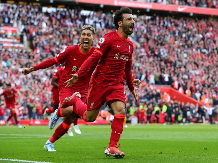 LIVERPOOL, ENGLAND - MAY 22:  Mohamed Salah of Liverpool celebrates after scoring their sides second goal during the Premier League match between Liverpool and Wolverhampton Wanderers at Anfield on May 22, 2022 in Liverpool, England. (Photo by Alex Livesey/Getty Images)