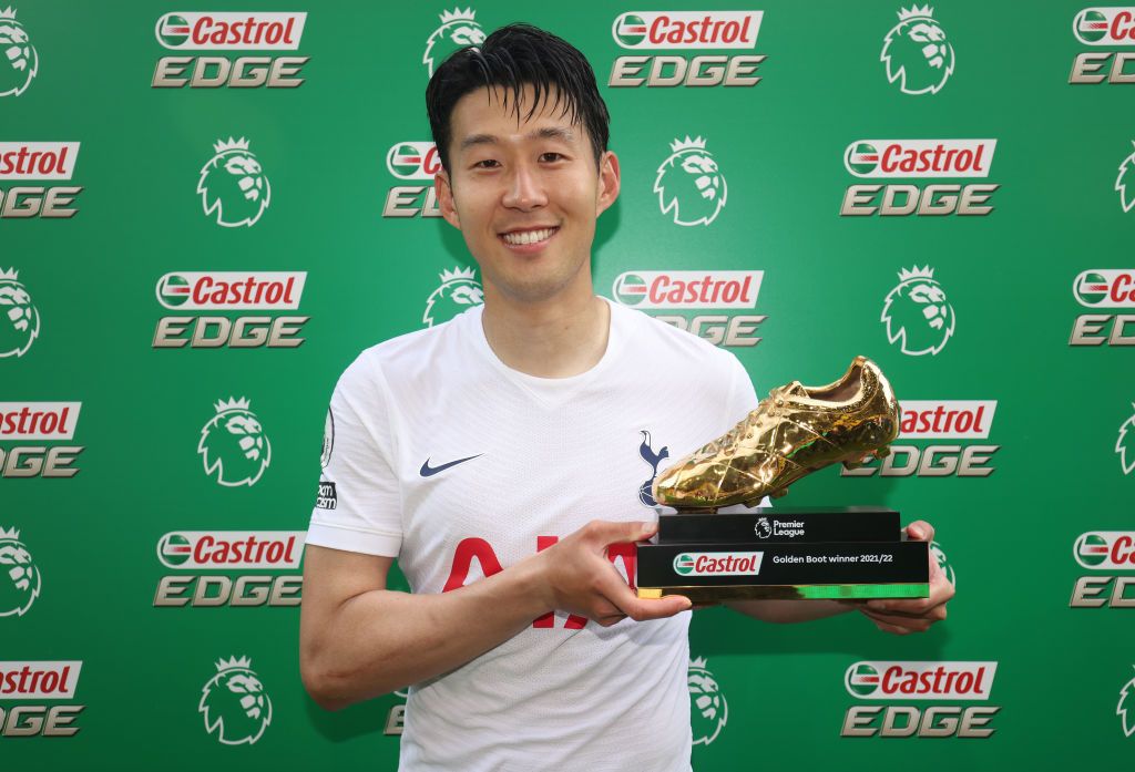 NORWICH, ENGLAND - MAY 22: Heung-Min Son of Tottenham Hotspur with the Premier League Golden Boot award following the Premier League match between Norwich City and Tottenham Hotspur at Carrow Road on May 22, 2022 in Norwich, England. (Photo by Tottenham Hotspur FC/Tottenham Hotspur FC via Getty Images)