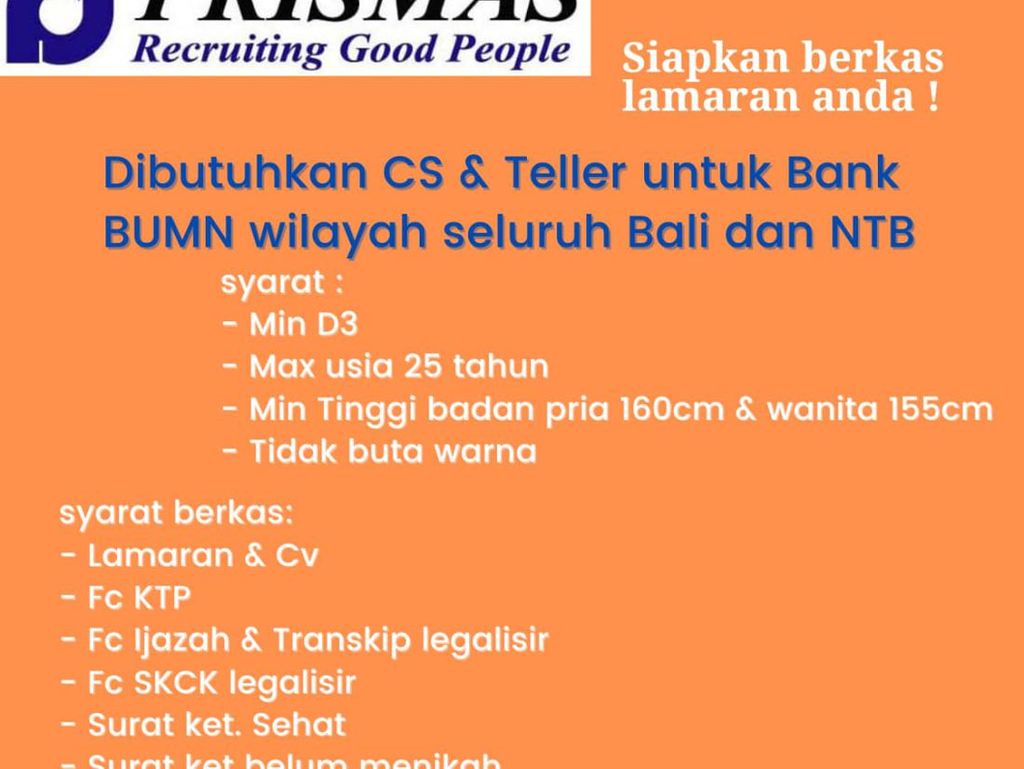 Loker Denpasar, PT Prismas Jamintara Cari CS-Teller untuk Bank BUMN Loker Denpasar, PT Prismas Jamintara Cari CS-Teller untuk Bank BUMN