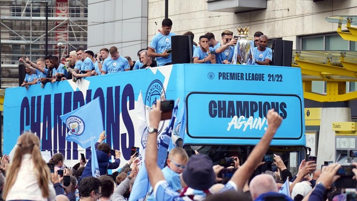 Manchester City Manchester City players including Fernandinho, Jack Grealish and Riyad Mahrez during the Premier League trophy parade in Manchester. Picture date: Monday May 23, 2022. (Photo by Tim Goode/PA Images via Getty Images)