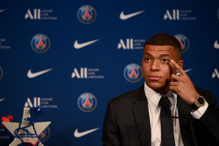 Paris Saint-Germains French forward Kylian Mbappe attends a press conference at the Parc des Princes stadium in Paris on May 23, 2022, two days after the club won the Ligue 1 title for a record-equalling tenth time and its superstar striker Mbappe chose to sign a new contract at PSG rather than join Real Madrid. (Photo by FRANCK FIFE / AFP) (Photo by FRANCK FIFE/AFP via Getty Images)