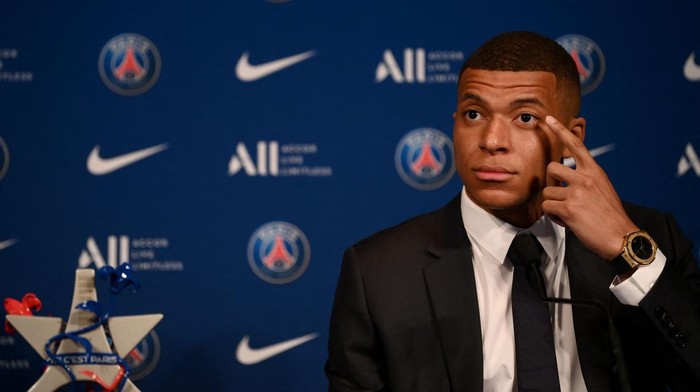 Paris Saint-Germains French forward Kylian Mbappe attends a press conference at the Parc des Princes stadium in Paris on May 23, 2022, two days after the club won the Ligue 1 title for a record-equalling tenth time and its superstar striker Mbappe chose to sign a new contract at PSG rather than join Real Madrid. (Photo by FRANCK FIFE / AFP) (Photo by FRANCK FIFE/AFP via Getty Images)