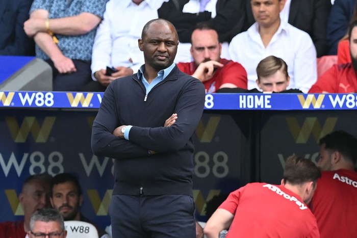 Crystal Palaces French manager Patrick Vieira looks on during the English Premier League football match between Crystal Palace and Manchester United at Selhurst Park in south London on May 22, 2022. - RESTRICTED TO EDITORIAL USE. No use with unauthorized audio, video, data, fixture lists, club/league logos or live services. Online in-match use limited to 120 images. An additional 40 images may be used in extra time. No video emulation. Social media in-match use limited to 120 images. An additional 40 images may be used in extra time. No use in betting publications, games or single club/league/player publications. (Photo by JUSTIN TALLIS / AFP) / RESTRICTED TO EDITORIAL USE. No use with unauthorized audio, video, data, fixture lists, club/league logos or live services. Online in-match use limited to 120 images. An additional 40 images may be used in extra time. No video emulation. Social media in-match use limited to 120 images. An additional 40 images may be used in extra time. No use in betting publications, games or single club/league/player publications. / RESTRICTED TO EDITORIAL USE. No use with unauthorized audio, video, data, fixture lists, club/league logos or live services. Online in-match use limited to 120 images. An additional 40 images may be used in extra time. No video emulation. Social media in-match use limited to 120 images. An additional 40 images may be used in extra time. No use in betting publications, games or single club/league/player publications. (Photo by JUSTIN TALLIS/AFP via Getty Images)