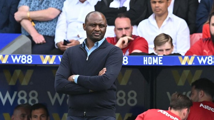 Crystal Palaces French manager Patrick Vieira looks on during the English Premier League football match between Crystal Palace and Manchester United at Selhurst Park in south London on May 22, 2022. - RESTRICTED TO EDITORIAL USE. No use with unauthorized audio, video, data, fixture lists, club/league logos or live services. Online in-match use limited to 120 images. An additional 40 images may be used in extra time. No video emulation. Social media in-match use limited to 120 images. An additional 40 images may be used in extra time. No use in betting publications, games or single club/league/player publications. (Photo by JUSTIN TALLIS / AFP) / RESTRICTED TO EDITORIAL USE. No use with unauthorized audio, video, data, fixture lists, club/league logos or live services. Online in-match use limited to 120 images. An additional 40 images may be used in extra time. No video emulation. Social media in-match use limited to 120 images. An additional 40 images may be used in extra time. No use in betting publications, games or single club/league/player publications. / RESTRICTED TO EDITORIAL USE. No use with unauthorized audio, video, data, fixture lists, club/league logos or live services. Online in-match use limited to 120 images. An additional 40 images may be used in extra time. No video emulation. Social media in-match use limited to 120 images. An additional 40 images may be used in extra time. No use in betting publications, games or single club/league/player publications. (Photo by JUSTIN TALLIS/AFP via Getty Images)