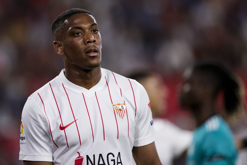 SEVILLA, SPAIN - APRIL 17: Anthony Martial of Sevilla FC during the La Liga Santander  match between Sevilla v Real Madrid at the Estadio Ramon Sanchez Pizjuan on April 17, 2022 in Sevilla Spain (Photo by David S. Bustamante/Soccrates/Getty Images)