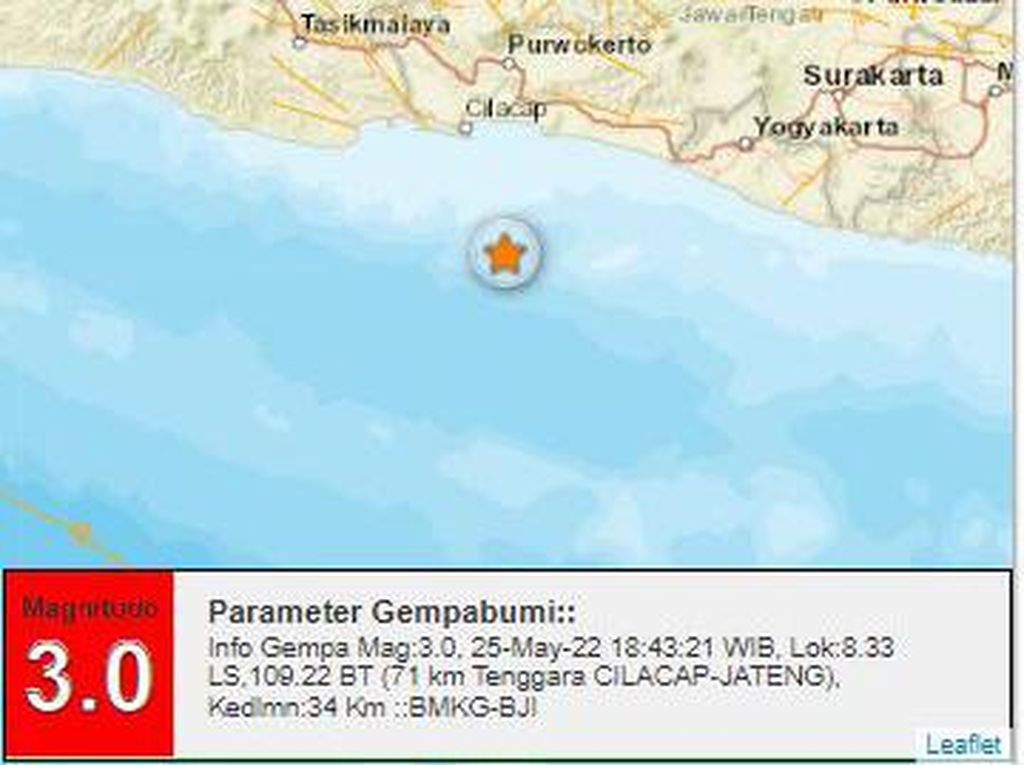 Gempa M 3 Guncang Tenggara Cilacap