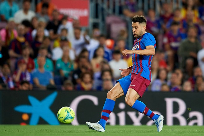 BARCELONA, SPAIN - MAY 22: Jordi Alba of FC Barcelona reacts during the LaLiga Santander match between FC Barcelona and Villarreal CF at Camp Nou on May 22, 2022 in Barcelona, Spain. (Photo by Manuel Queimadelos/Quality Sport Images/Getty Images)