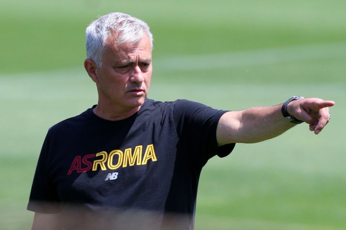 TIRANA, ALBANIA - MAY 24: Jose Mourinho, Head Coach of AS Roma reacts during a AS Roma Training Session at Arena Kombetare on May 24, 2022 in Tirana, Albania. AS Roma will face Feyenoord in the UEFA Conference League final on May 25, 2022. (Photo by Paolo Bruno/Getty Images)