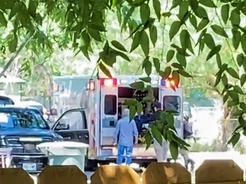 A view of an ambulance following a suspected shooting, in Uvalde, Texas, U.S., May 24, 2022, in this still image obtained from a social media video.   Video obtained by Reuters/via REUTERS  THIS IMAGE HAS BEEN SUPPLIED BY A THIRD PARTY. MANDATORY CREDIT. NO RESALES. NO ARCHIVES.