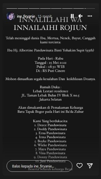 Ibunda Vina Panduwinata meninggal dunia di usia 93 tahun
