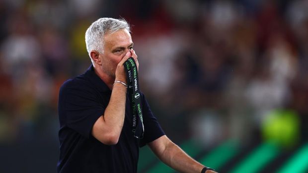 TIRANA, ALBANIA - MAY 25: Jose Mourinho, Head Coach of AS Roma reacts following their sides victory in the UEFA Conference League final match between AS Roma and Feyenoord at Arena Kombetare on May 25, 2022 in Tirana, Albania. (Photo by Alex Pantling/Getty Images)