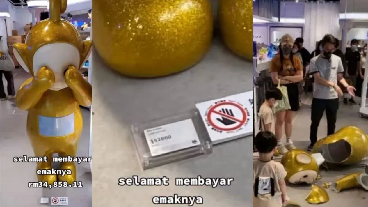 Patung teletubbies emas pecah.