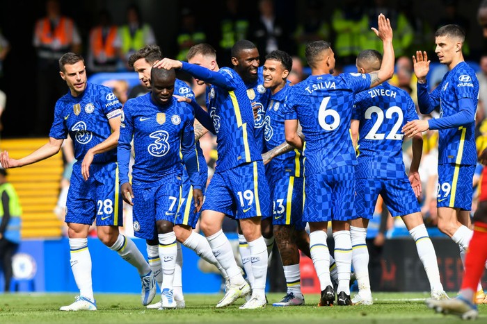 Chelsea players celebrating the team's first goal during the Premier League match between Chelsea and Watford at Stamford Bridge, London on Sunday 22nd May 2022.  (Photo by Ivan Yordanov/MI News/NurPhoto via Getty Images)