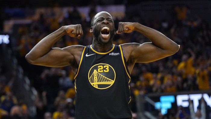 Golden State Warriors forward Draymond Green celebrates after scoring against the Dallas Mavericks during the second half in Game 5 of the NBA basketball playoffs Western Conference finals in San Francisco, Thursday, May 26, 2022. (AP Photo/Jeff Chiu)