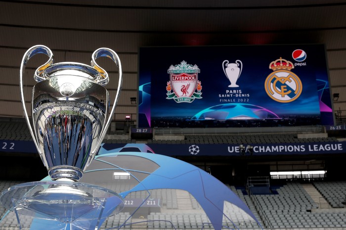 PARIS, FRANCE - MAY 26: The UEFA Champions League Trophy is displayed in front of the scoreboard ahead of the UEFA Champions League final match between Liverpool FC and Real Madrid at Stade de France on May 26, 2022 in Paris, France. (Photo by Alexander Hassenstein - UEFA/UEFA via Getty Images)