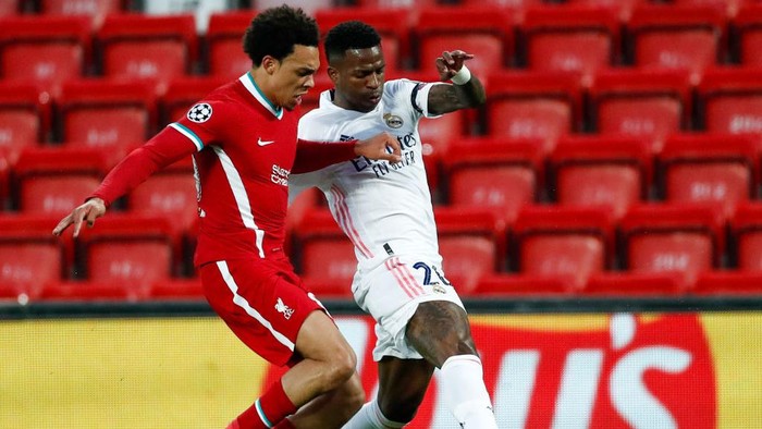 LIVERPOOL, ENGLAND - APRIL 14: Vini Jr. during the UEFA Champions League Quarter Final Second Leg match between Liverpool FC and Real Madrid at Anfield on April 14, 2021 in Liverpool, England. Sporting stadiums around the UK remain under strict restrictions due to the Coronavirus Pandemic as Government social distancing laws prohibit fans inside venues resulting in games being played behind closed doors. (Photo by Antonio Villalba/Real Madrid via Getty Images)