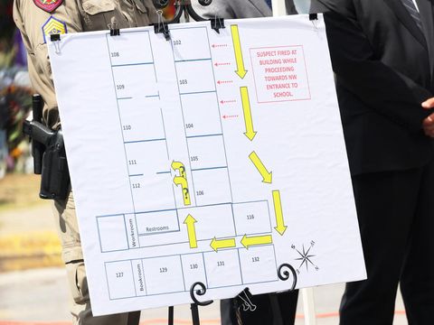 Map Timeline Pelaku Penembakan SD Texas UVALDE, TEXAS - MAY 27: A map timeline of the mass shooting suspects movements is seen as Steven C. McCraw, Director and Colonel of the Texas Department of Public Safety, speaks during a press conference about the mass shooting at Robb Elementary School on May 27, 2022 in Uvalde, Texas. McCraw held a press conference to give an update on the investigation into Tuesday's mass shooting where 19 children and two adults were killed at Robb Elementary School, and admitted that it was the wrong decision to wait and not breach the classroom door as soon as police officers were inside the elementary school. Michael M. Santiago/Getty Images/AFP (Photo by Michael M. Santiago / GETTY IMAGES NORTH AMERICA / Getty Images via AFP)