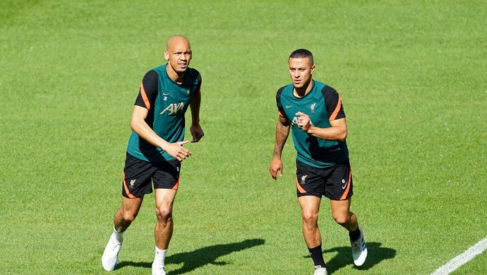 Liverpools Fabinho (left) and Thiago Alcantara during a training session at the Stade de France ahead of the UEFA Champions League Final in Paris on Saturday. Picture date: Friday May 27, 2022. (Photo by Adam Davy/PA Images via Getty Images)