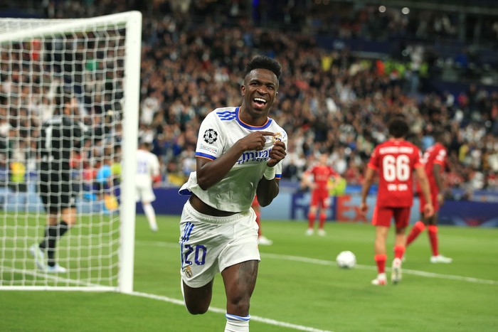 PARIS, FRANCE - MAY 28: Vinicius Junior of Real Madrid celebrating after scoring the opening goal of the match during the UEFA Champions League final match between Liverpool FC and Real Madrid at Stade de France on May 28, 2022 in Paris, France. (Photo by Simon Stacpoole/Offside/Offside via Getty Images)