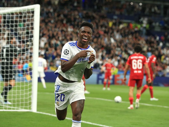 PARIS, FRANCE - MAY 28: Vinicius Junior of Real Madrid celebrating after scoring the opening goal of the match during the UEFA Champions League final match between Liverpool FC and Real Madrid at Stade de France on May 28, 2022 in Paris, France. (Photo by Simon Stacpoole/Offside/Offside via Getty Images)