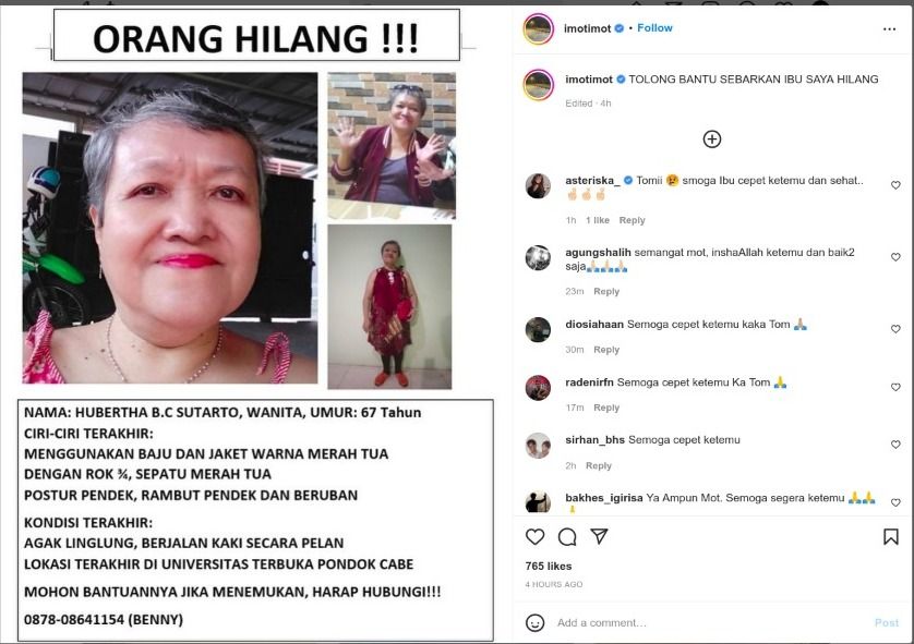 Ibunda Tommy Pratomo menghilang.