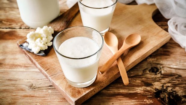 Organic probiotic milk kefir grains, Tibetan mushrooms, kefir grains in wooden spoon with glass of kefir. Rustic table setting, wooden table, spoon and cutting board.