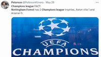 Salah seorang fans membeberkan fakta jumlah titel Liga Champions Nottingham Forest superior di atas Arsenal. (Foto: Twitter)