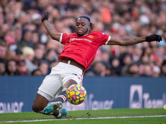 MANCHESTER, ENGLAND - FEBRUARY 26: Aaron Wan-Bissaka of Manchester United in action during the Premier League match between Manchester United and Watford at Old Trafford on February 26, 2022 in Manchester, United Kingdom. (Photo by Joe Prior/Visionhaus via Getty Images)