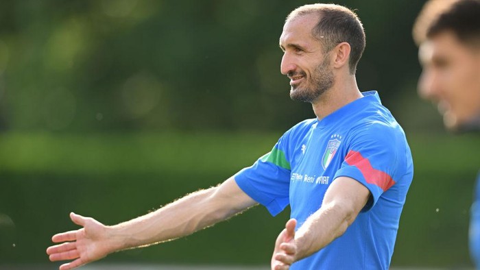 FLORENCE, ITALY - MAY 30: Giorgio Chiellini of Italy in action during Italy training session at Centro Tecnico Federale di Coverciano on May 30, 2022 in Florence, Italy. (Photo by Claudio Villa/Getty Images)