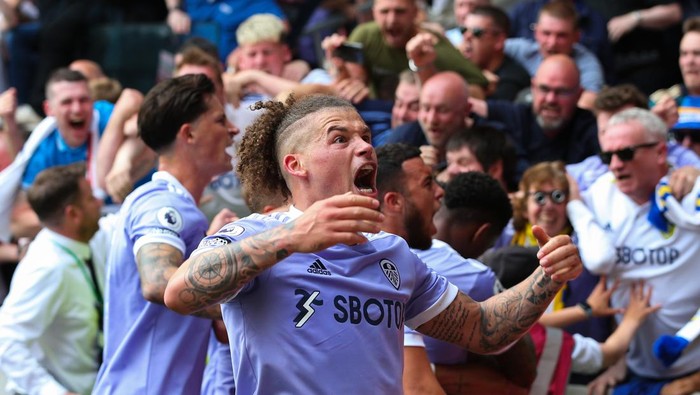 BRENTFORD, ENGLAND - MAY 22:  Kalvin Phillips of Leeds celebrates his sides first goal during the Premier League match between Brentford and Leeds United at Brentford Community Stadium on May 22, 2022 in Brentford, United Kingdom. (Photo by Craig Mercer/MB Media/Getty Images)