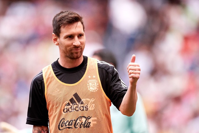 BILBAO, SPAIN - MAY 28: Lionel Messi of Argentina reacts during the training session of Argentina at San Mames on May 28, 2022, in Bilbao, Spain. Argentina will face Italy in Wembley on June 1 as part of the Finalissima Trophy. (Photo By Ricardo Larreina/Europa Press via Getty Images)