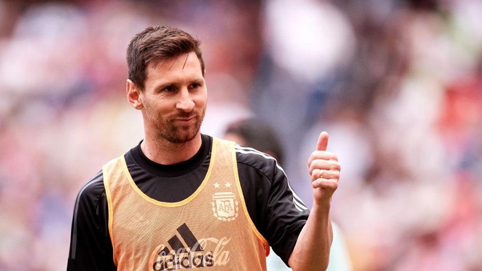 BILBAO, SPAIN - MAY 28: Lionel Messi of Argentina reacts during the training session of Argentina at San Mames on May 28, 2022, in Bilbao, Spain. Argentina will face Italy in Wembley on June 1 as part of the Finalissima Trophy. (Photo By Ricardo Larreina/Europa Press via Getty Images)