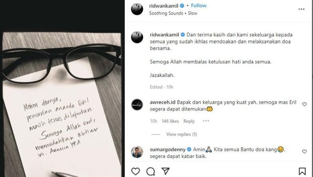 Ridwan Kamil memohon doa lewat unggahan Instagramnya.