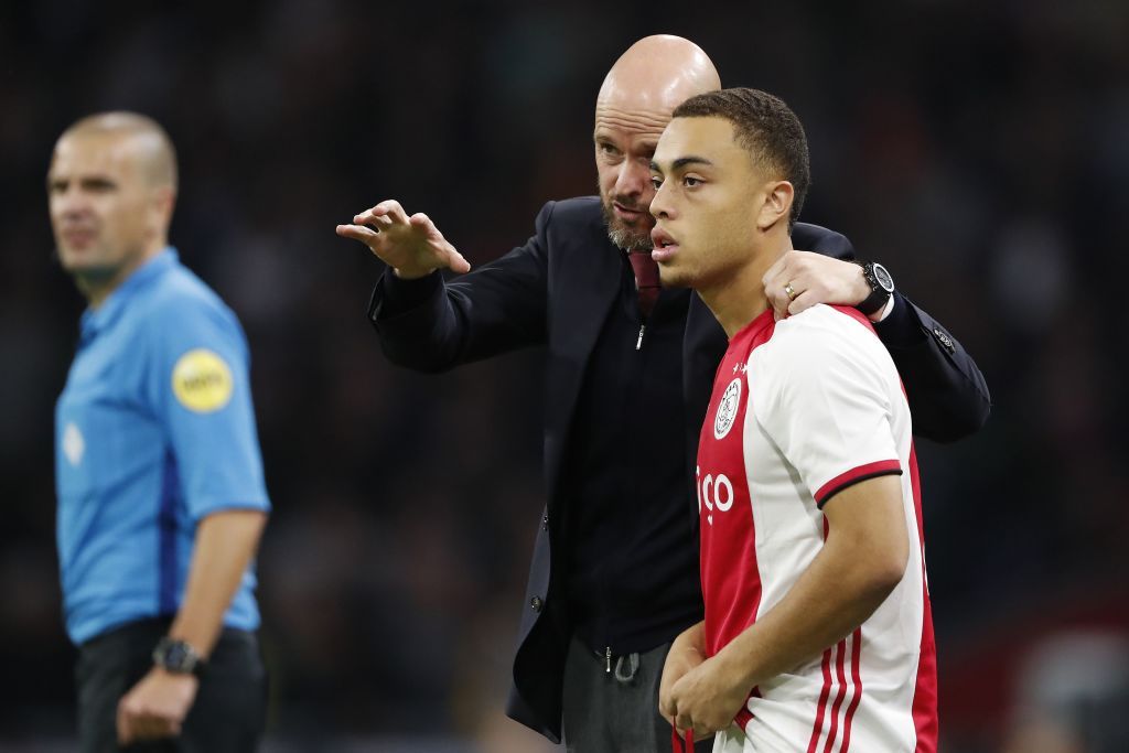 (L-R) Ajax coach Erik ten Hag, Sergino Dest of Ajax during the Dutch Eredivisie match between Ajax Amsterdam and FC Groningen at the Johan Cruijff Arena on September 28, 2019 in Amsterdam, The Netherlands(Photo by VI Images via Getty Images)