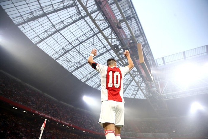 AMSTERDAM, NETHERLANDS - APRIL 30: Dusan Tadic of Ajax celebrates 1-0 during the Dutch Eredivisie  match between Ajax v PEC Zwolle at the Johan Cruijff Arena on April 30, 2022 in Amsterdam Netherlands (Photo by Soccrates/Getty Images)