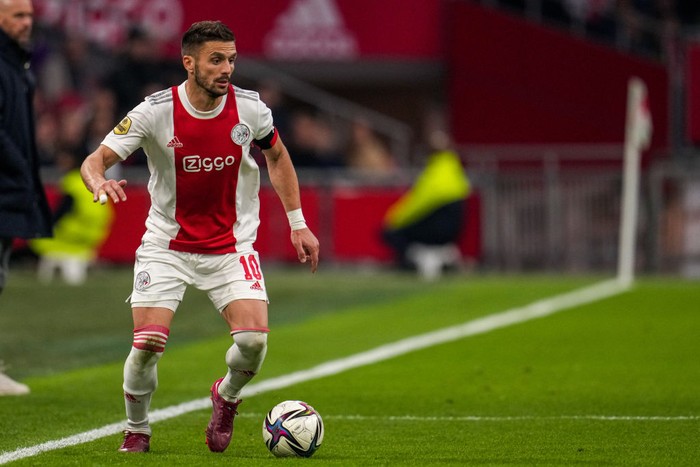 Dusan Tadic AMSTERDAM, NETHERLANDS - APRIL 30: Dusan Tadic of Ajax celebrates 1-0 during the Dutch Eredivisie match between Ajax v PEC Zwolle at the Johan Cruijff Arena on April 30, 2022 in Amsterdam Netherlands (Photo by Soccrates/Getty Images)