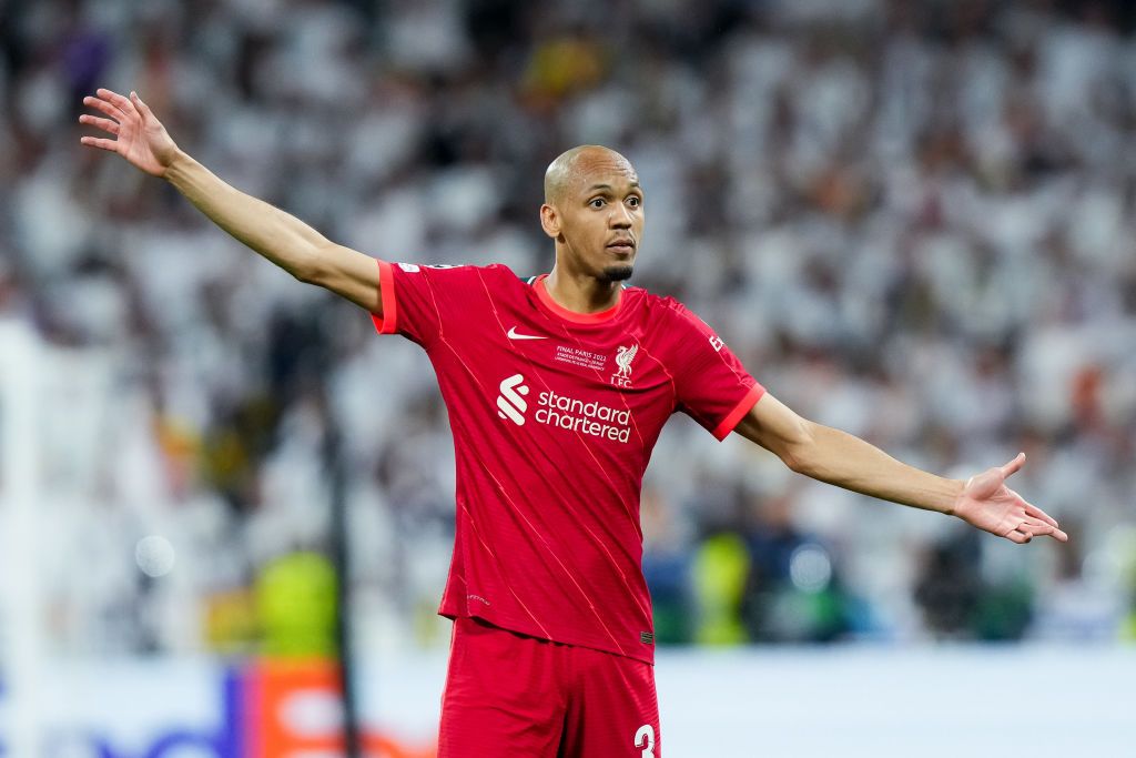 Fabinho of Liverpool FC gestures during the UEFA Champions League Final match between Liverpool FC and Real Madrid CF at Stade de France on May 28, 2022 in Paris, France. (Photo by Giuseppe Maffia/NurPhoto via Getty Images)
